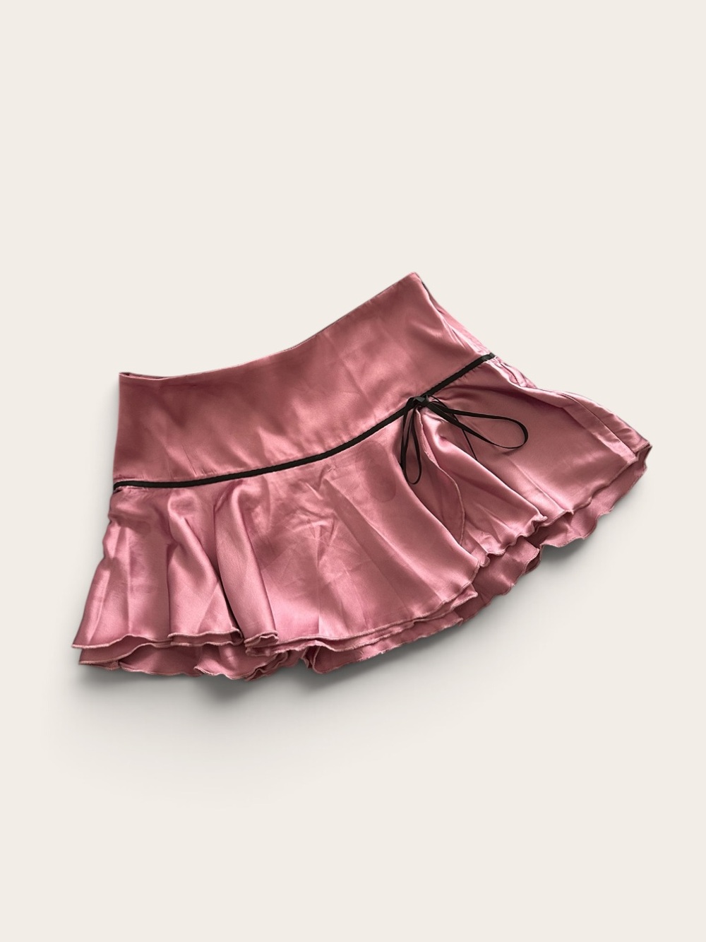 Kimchi Blue Satin Ruffled Mini Skirt in Rose Pink with Black Trim